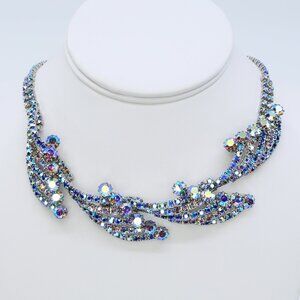 Vintage Rare Hobé Blue AB Rhinestones Sculptural Spray and Waves Necklace 1950s